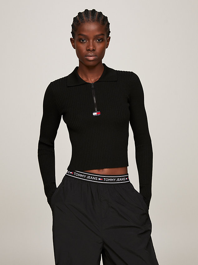 pullover a coste con mezza zip e distintivo black da donne tommy jeans