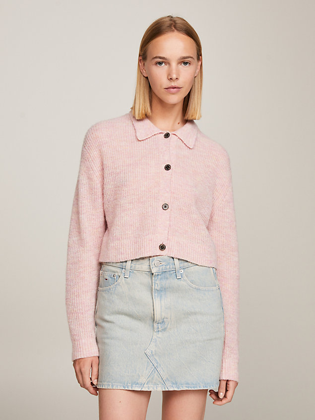 pink cropped rib-knit collar cardigan for women tommy jeans