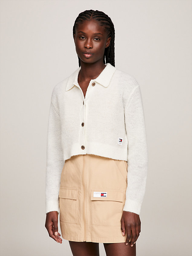 white cropped rib-knit collar cardigan for women tommy jeans