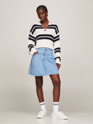 Stripe V Neck Cropped Boxy Jumper White Tommy Hilfiger