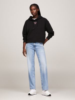 black essential cropped relaxed fit hoodie für damen - tommy jeans