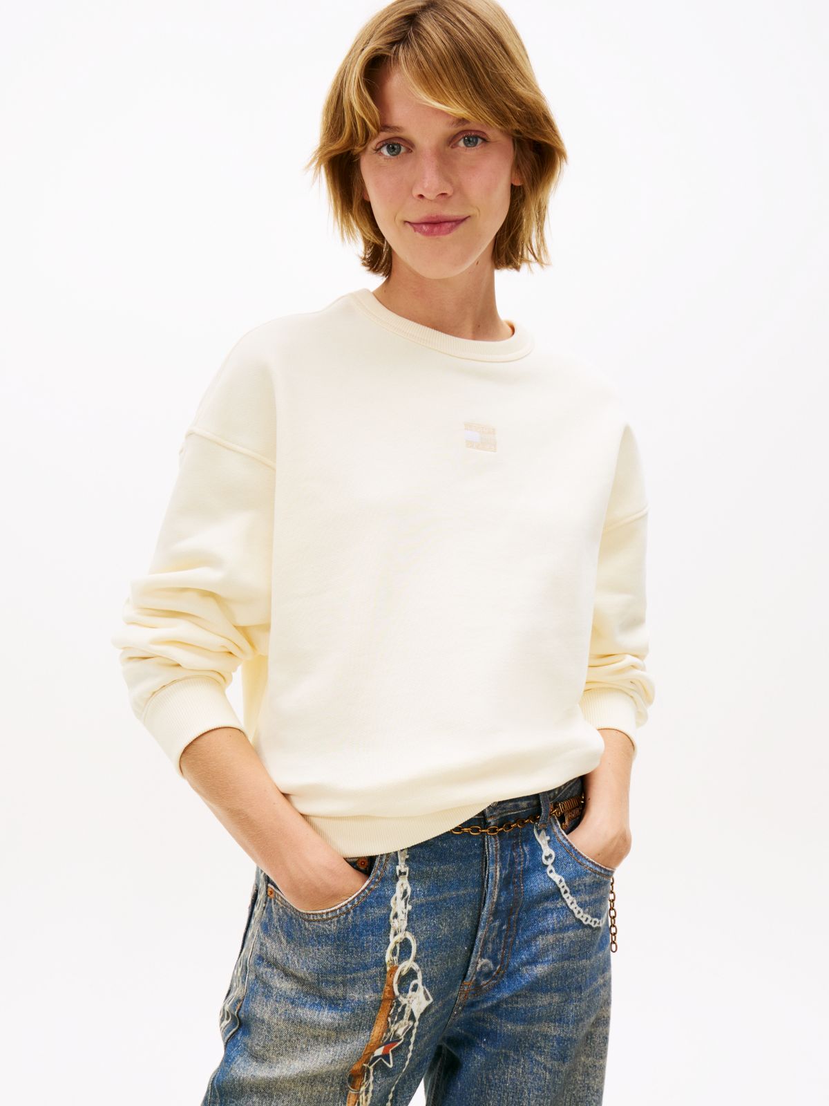Tommy Badge Boxy Fleece Sweatshirt — Beige