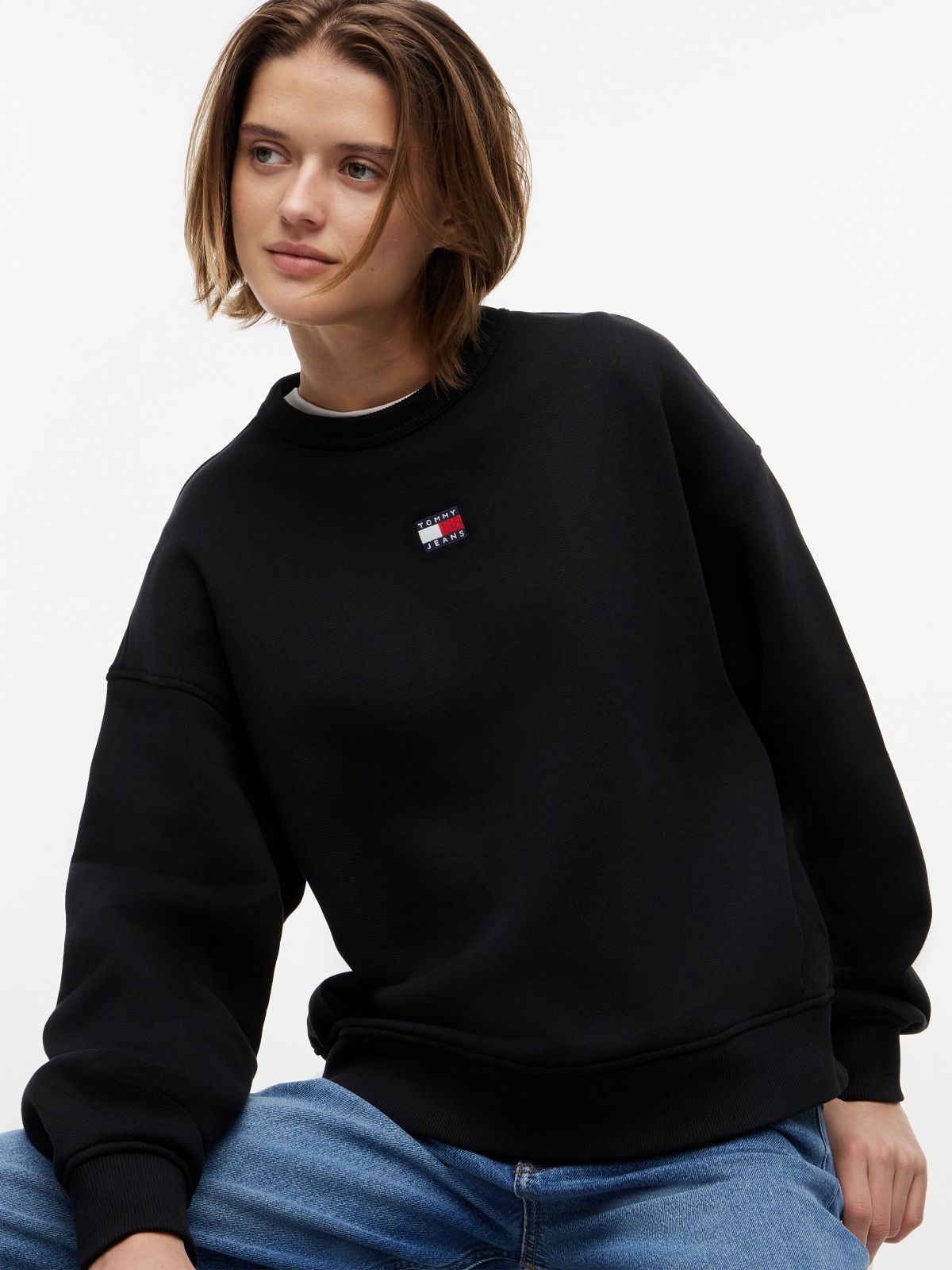 Tommy Badge Boxy Fleece Sweatshirt — Black