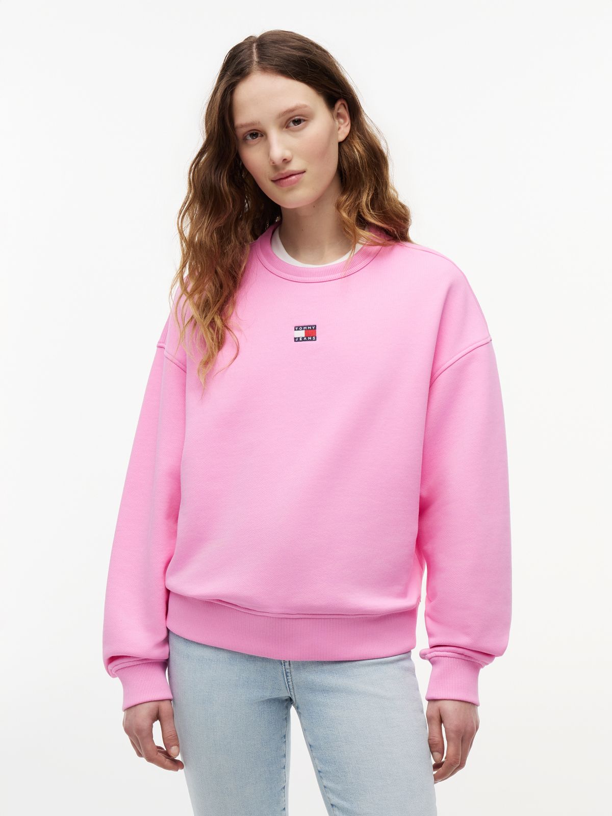 Tommy Badge Boxy Fleece Sweatshirt — Pink