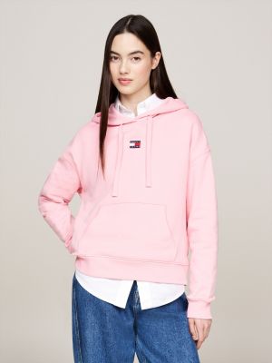 Felpa squadrata con cappuccio e distintivo Rosa Tommy Hilfiger