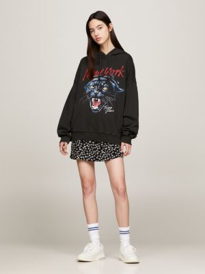 black oversized fit hoodie mit panther-grafik für damen - tommy jeans