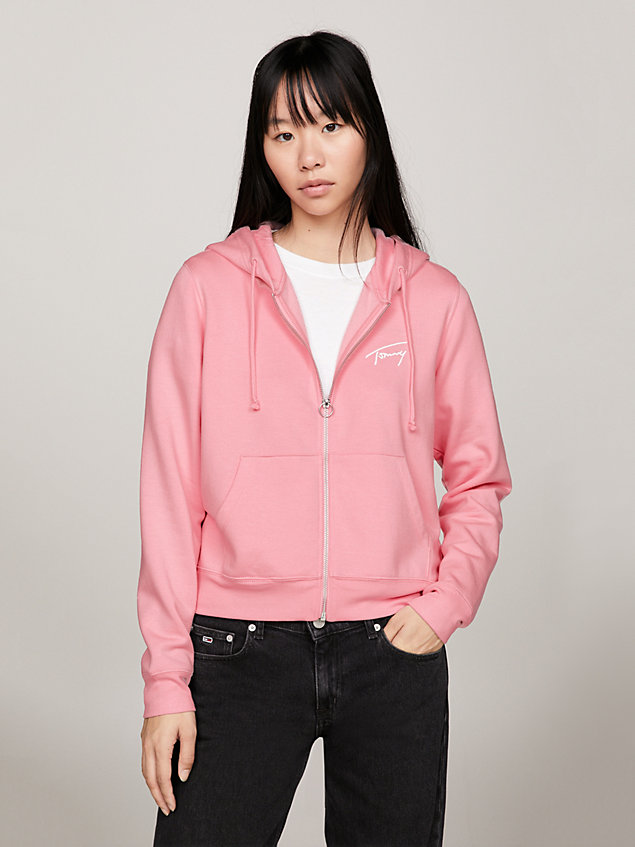 pink signature logo zip-thru hoody for women tommy jeans