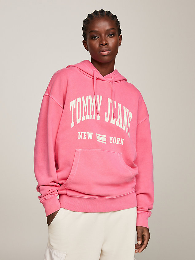 felpa varsity relaxed fit con cappuccio pink da donne tommy jeans