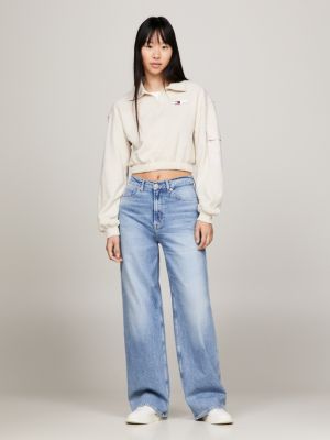 beige cropped fit sweatshirt mit reißverschluss für damen - tommy jeans