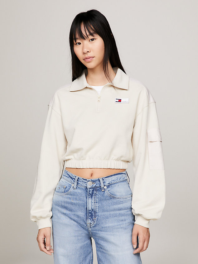 beige quarter-zip cropped fit sweatshirt for women tommy jeans