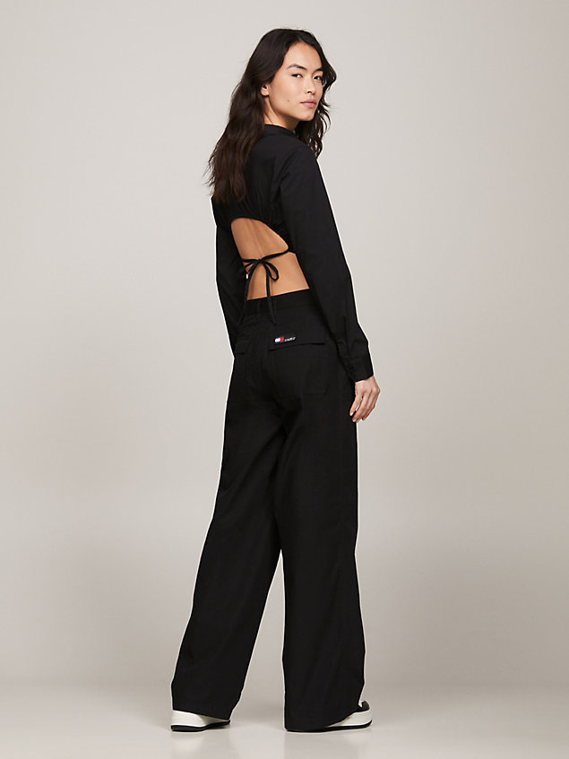 black cropped fit blouse met open rug voor dames - tommy jeans