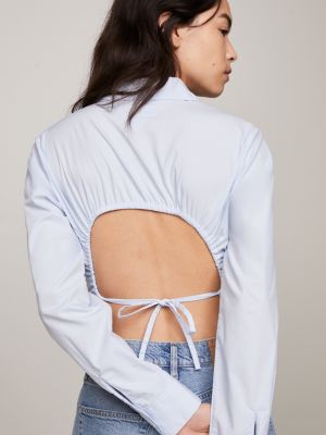 White Cut Out Shirt, Open Back Long Sleeve Shirt