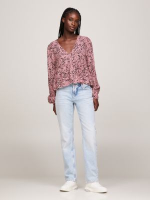 pink bluse mit rüschensaum und animal-print für damen - tommy jeans