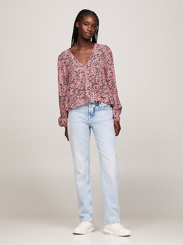 pink bluse mit rüschensaum und animal-print für damen - tommy jeans