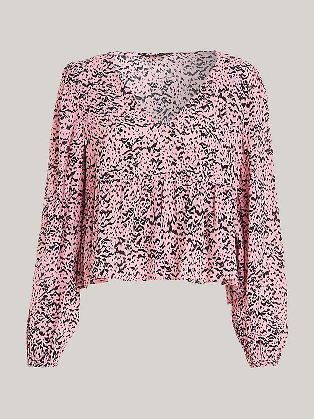 pink bluse mit rüschensaum und animal-print für damen - tommy jeans