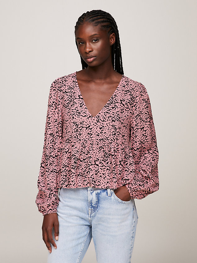 pink blouse met geplooide zoom en dierenprint voor dames - tommy jeans