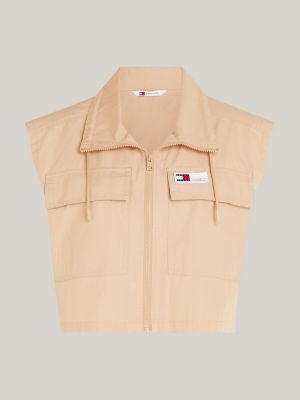 beige zip-thru cropped short sleeve cargo shirt for women tommy jeans