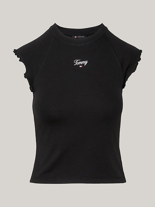 black ruched sleeve slim fit script t-shirt for women tommy jeans