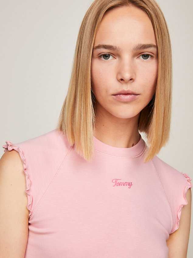 pink ruched sleeve slim fit script t-shirt for women tommy jeans