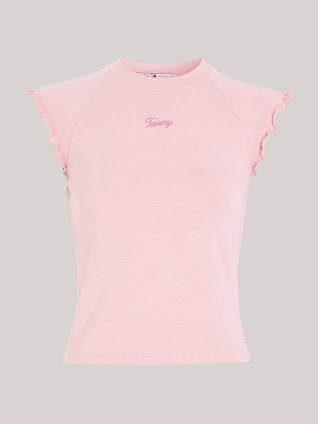 pink ruched sleeve slim fit script t-shirt for women tommy jeans