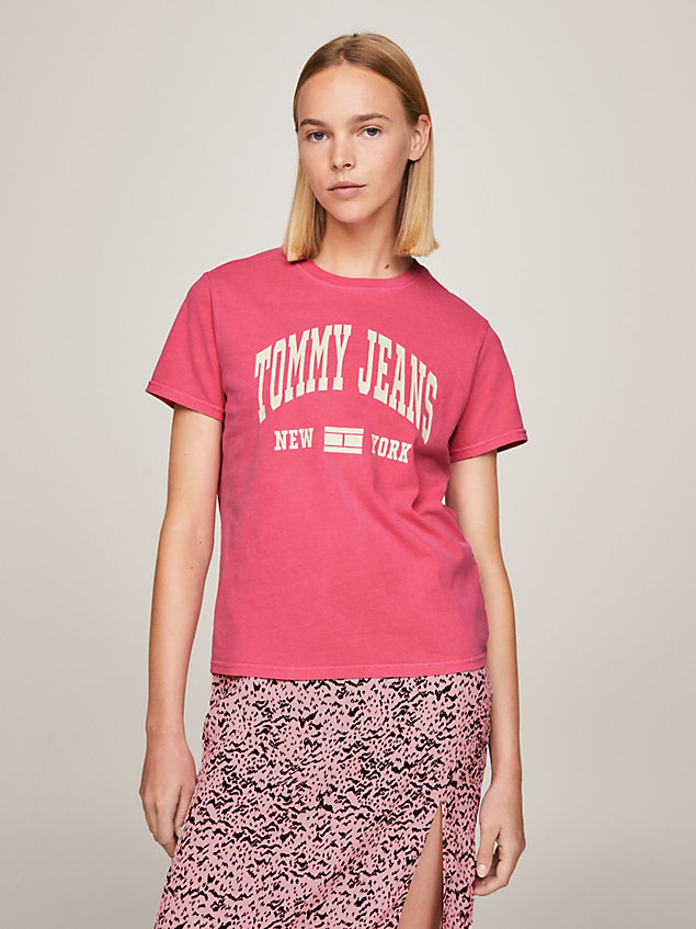 pink varsity logo jersey t-shirt for women tommy jeans
