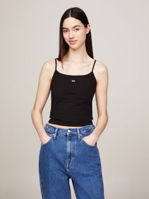 canotta crop aderente con logo black da donne tommy jeans