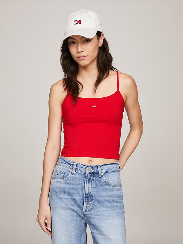 red essential cropped fitted strappy top for women tommy jeans