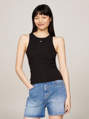 Geribde slim fit tanktop met logo Zwart Tommy Hilfiger
