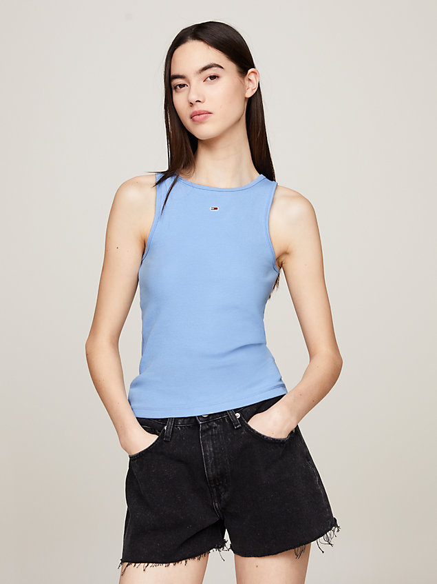 blue prążkowana koszulka essential bez rękawów dla kobiety - tommy jeans