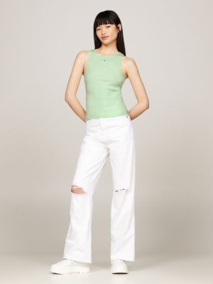green slim fit rippstrick-tanktop mit logo für damen - tommy jeans