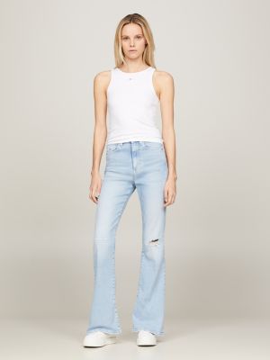 white slim fit rippstrick-tanktop mit logo für damen - tommy jeans