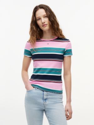 multi ribbed slim crew neck t-shirt for women tommy jeans