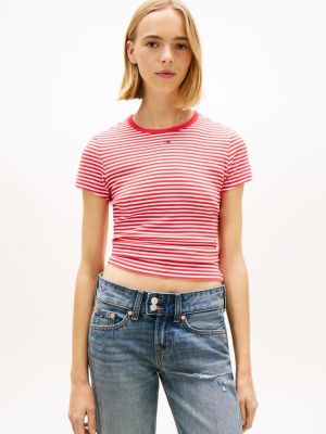 red ribbed slim crew neck t-shirt for women tommy jeans