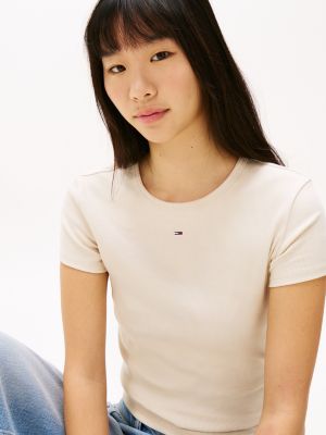 beige ribbed slim round neck t-shirt for women tommy jeans