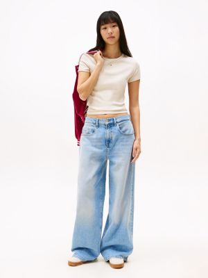 beige ribbed slim round neck t-shirt for women tommy jeans