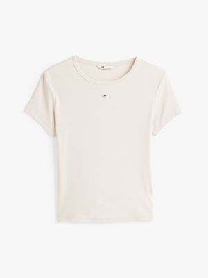 beige ribbed slim round neck t-shirt for women tommy jeans
