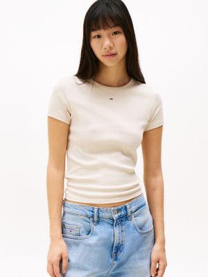 beige geripptes slim fit rundhals-t-shirt für damen - tommy jeans