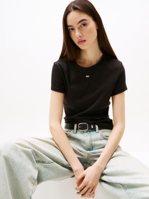 black ribbed slim t-shirt for women tommy jeans