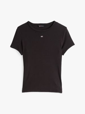 t-shirt slim fit a coste nero da donne tommy jeans