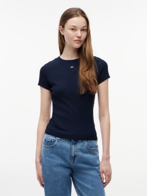 blue ribbed slim crew neck t-shirt for women tommy jeans