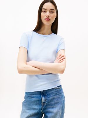 blue geripptes slim fit t-shirt für damen - tommy jeans