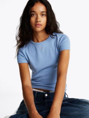 t-shirt ajusté côtelé à col rond bleu pour femmes tommy jeans