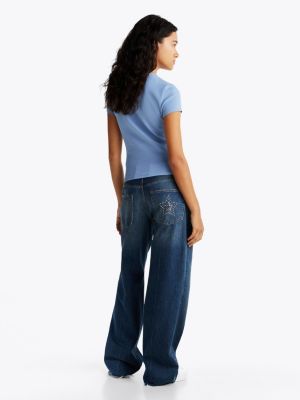 blau geripptes slim fit t-shirt für damen - tommy jeans