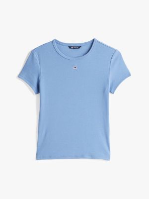 t-shirt ajusté côtelé à col rond bleu pour femmes tommy jeans