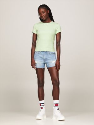 green essential slim fit rippstrick-t-shirt für damen - tommy jeans