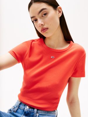 orange geripptes slim fit t-shirt für damen - tommy jeans