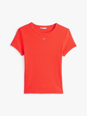 orange geripptes slim fit t-shirt für damen - tommy jeans