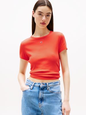 red geripptes slim fit t-shirt für damen - tommy jeans