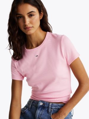 t-shirt ajusté côtelé à col rond rose pour femmes tommy jeans