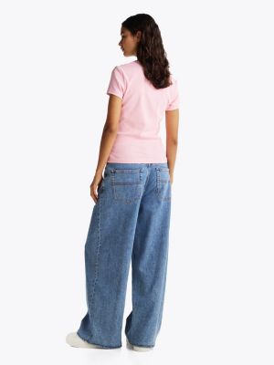 t-shirt ajusté côtelé à col rond rose pour femmes tommy jeans